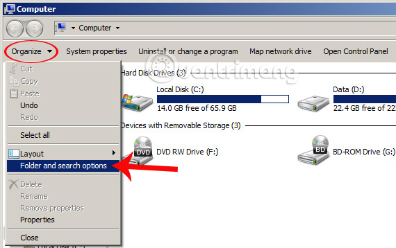 Nhấn chọn Organize trên Windows 7 Nhấn chọn Organize trên Windows 7