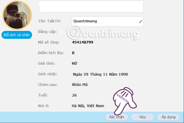 Xác nhận thông tin đã lưu trên TalkTV