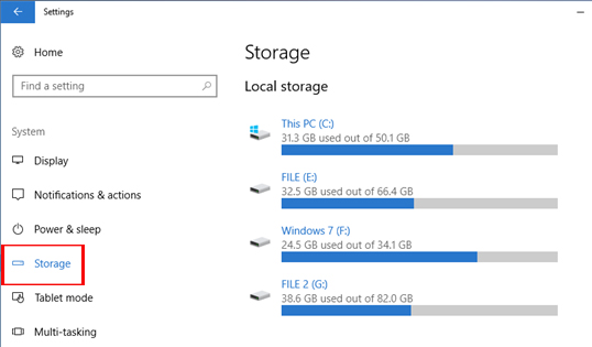 Nhấn chọn mục Storage