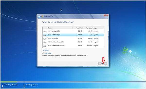 Chọn phân vùng ổ đĩa cài đặt Windows 7