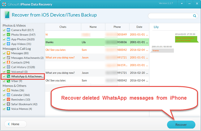 Nhấn nút Recover để khôi phục các tin nhắn đã xóa từ iPhone. Nhấn nút Recover để khôi phục các tin nhắn đã xóa từ iPhone.
