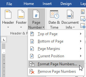 Chọn Format Page Numbers để thay đổi thông tin số trang
