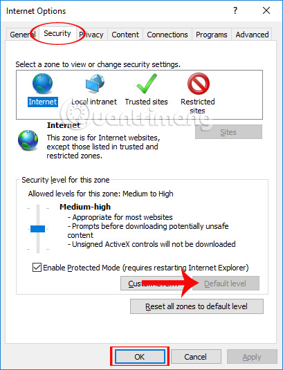 Nhấn chọn Security trên Internet Options