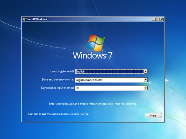 Giao diện thiết lập đầu tiên trên Windows 7
