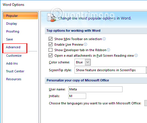Nhấn chọn mục Advanced