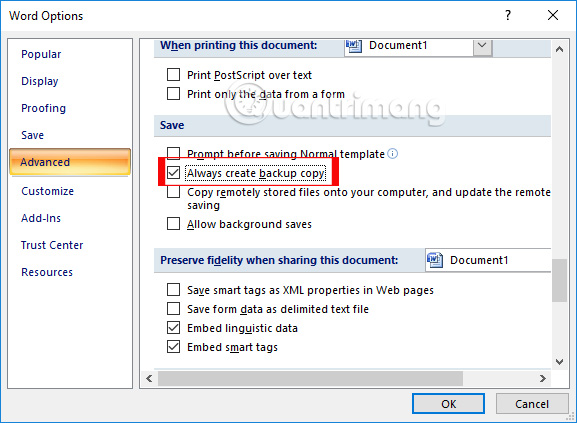 Luôn tạo bản sao lưu Word