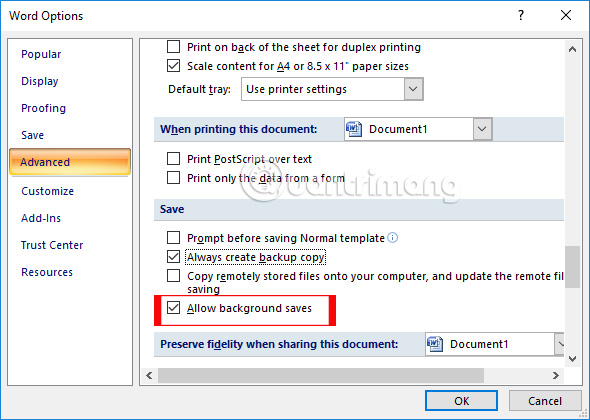 Chế độ sao lưu nền trên Word