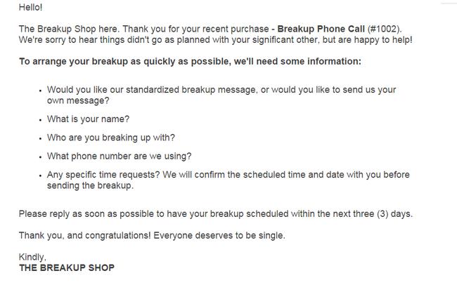 Mail xác nhận của Breakup Shop