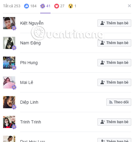 Danh sách Reactions trên Facebook