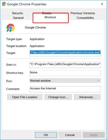 Nhấp vào tab Shortcut trong Properties