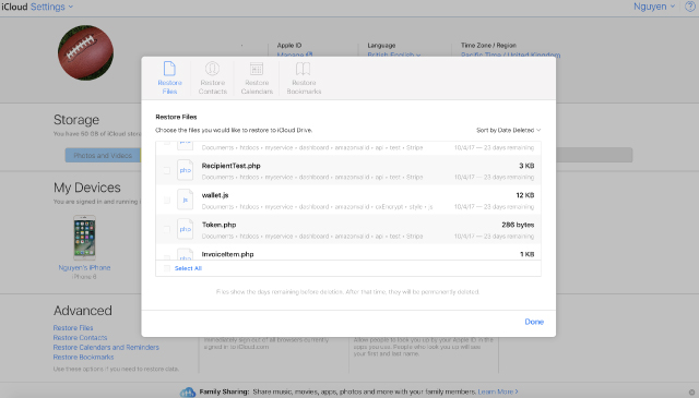 Chọn dữ liệu muốn khôi phục 