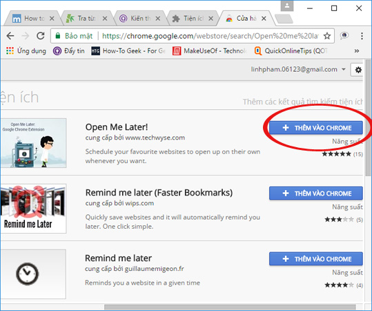 Tìm kiếm và thêm tiện ích Open Me Later vào Chrome Extension