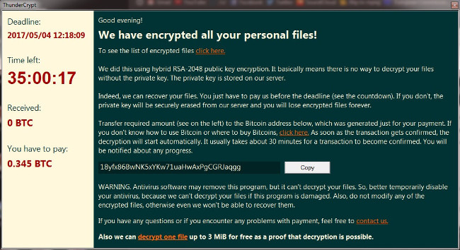 Mã độc ThunderCrypt đòi tiền tương tự như WannaCry Mã độc ThunderCrypt đòi tiền tương tự như WannaCry