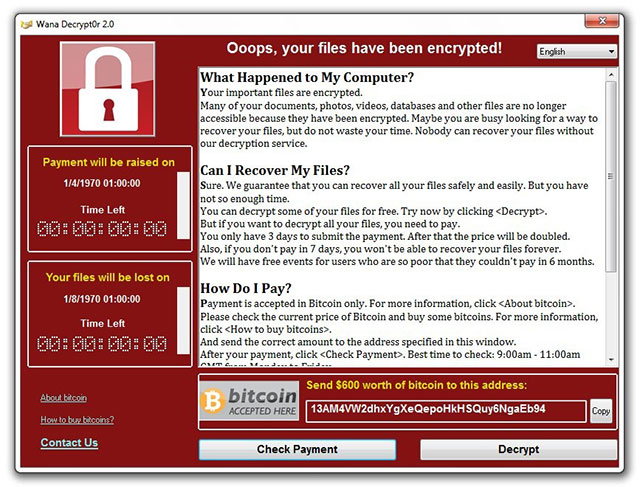 Giao diện đòi tiền chuộc của WannaCry Giao diện đòi tiền chuộc của WannaCry