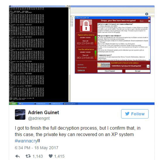 Tweet của Adrien Guinet về WannaCry