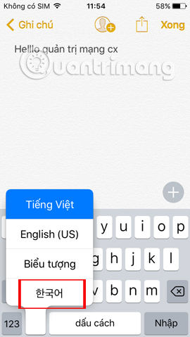 Chuyển sang bàn phím Tiếng Hàn