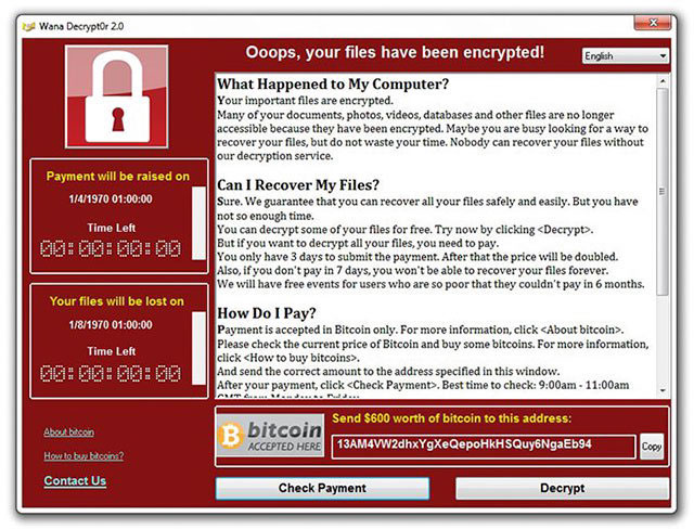 Màn hình đòi tiền chuộc của WannaCry Màn hình đòi tiền chuộc của WannaCry