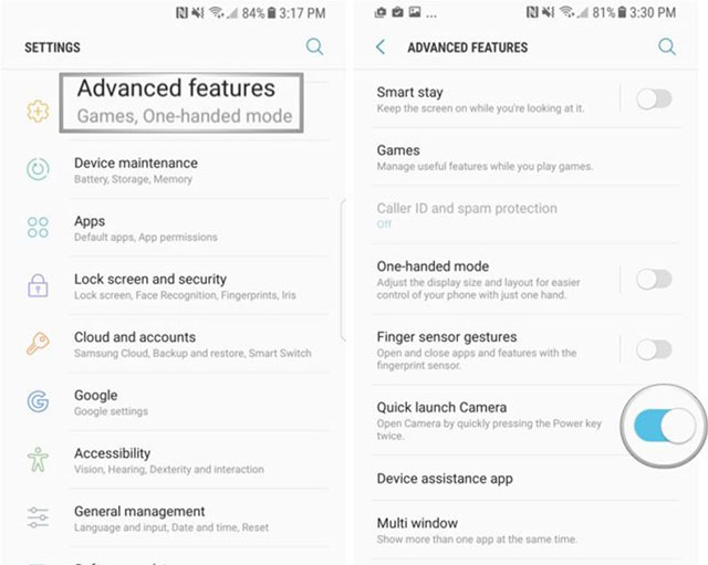 Bật tính năng Quick launch camera Bật tính năng Quick launch camera