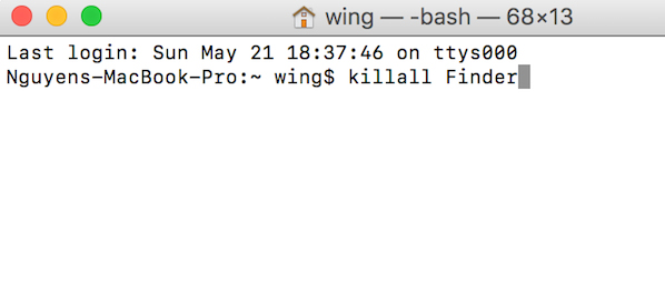 Nhập lệnh khởi động lại Finder