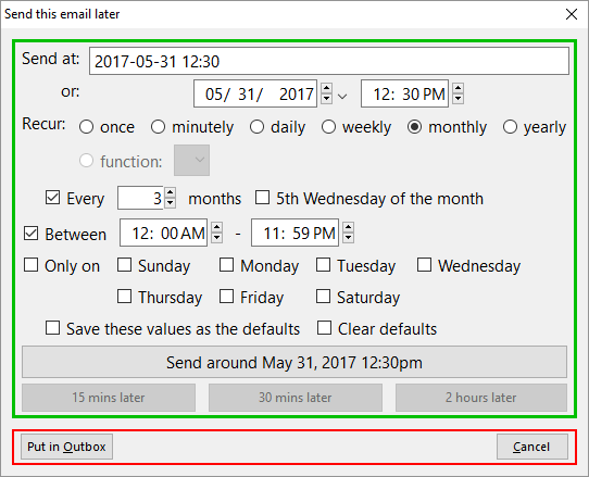 Thiết lập các tùy chọn trong Send this email later. Thiết lập các tùy chọn trong Send this email later.