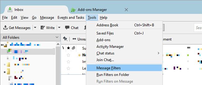 Mở Tools > Message Filters.... để mở cửa sổ tương ứng Mở Tools > Message Filters.... để mở cửa sổ tương ứng