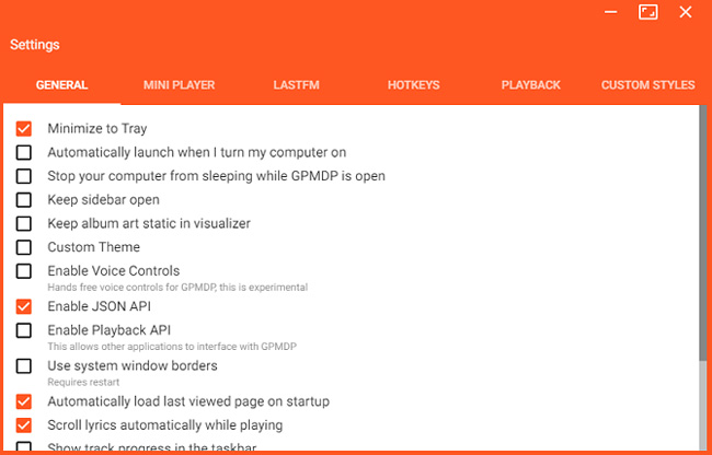Các tùy chọn chỉnh trong tab Settings