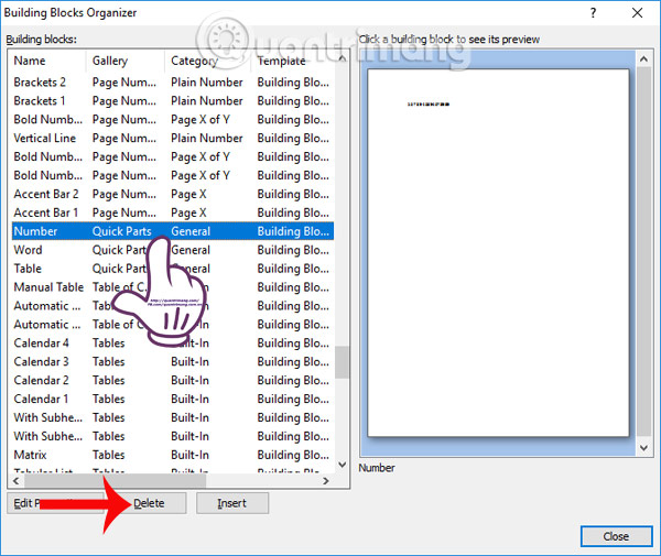 Xóa Quick Parts đã tạo  Xóa Quick Parts đã tạo