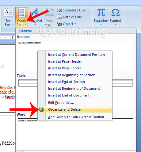 Sắp xếp Quick Parts đã tạo   Sắp xếp Quick Parts đã tạo