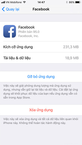 Giao diện gỡ bỏ ứng dụng trên iOS 11