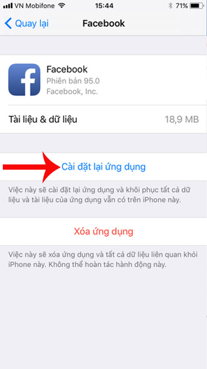 Nhấn Cài đặt lại ứng dụng 
