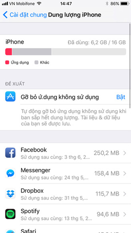 Hiển thị dung lượng bộ nhớ trong