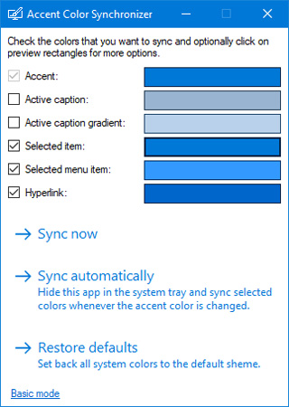 Giao diện chương trình Accent Color Synchronizer