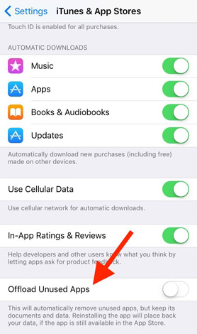 Trượt thanh tắt bên cạnh Offload Unused Apps để xóa những ứng dụng không dùng nữa.
