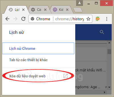 Các tùy chọn xóa dữ liệu duyệt web trên Chrome