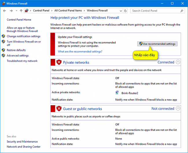 Chọn Use recommended settings để bật tường lửa Windows 10