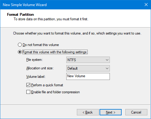 Nhấp chọn Format this volume with the following settings, sau đó chọn Next.