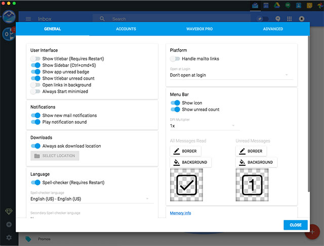 Các lựa chọn thiết lập ứng dụng