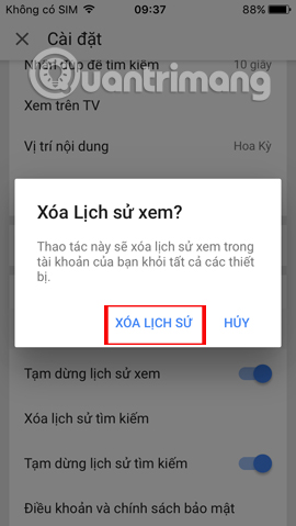 Xóa lịch sử xem video Youtube