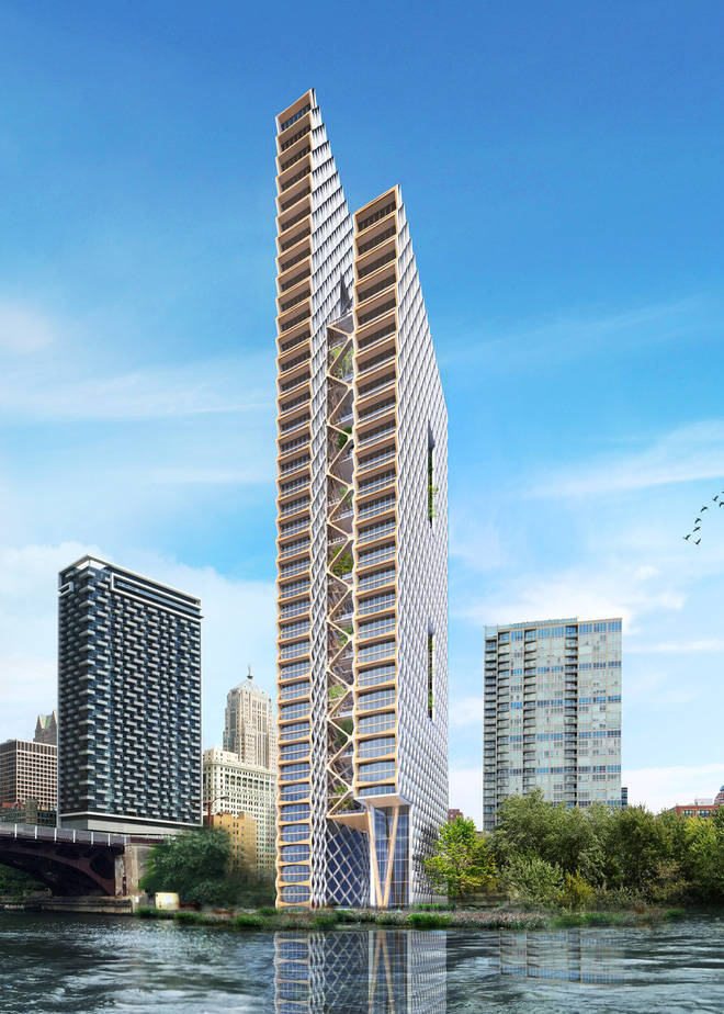 River Beech là một tòa nhà hình con quay 80 tầng được xây dựng hoàn toàn bằng gỗ sồi