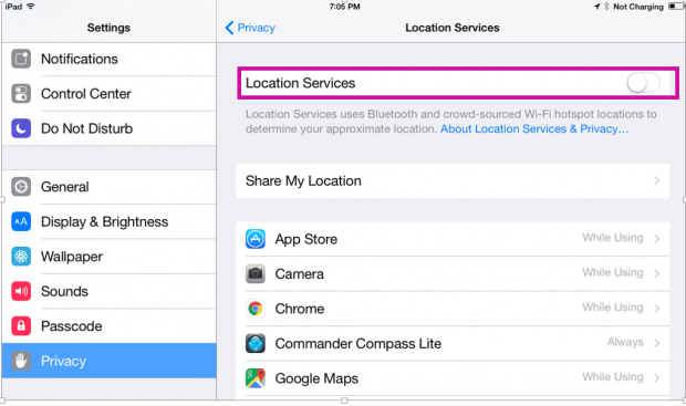 Tắt dịch vụ vị trí trên iPad