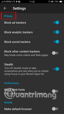 Tùy chọn bảo mật trên Firefox Focus