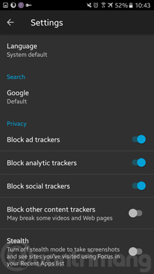 Các cài đặt của trình duyệt Firefox Focus Các cài đặt của trình duyệt Firefox Focus