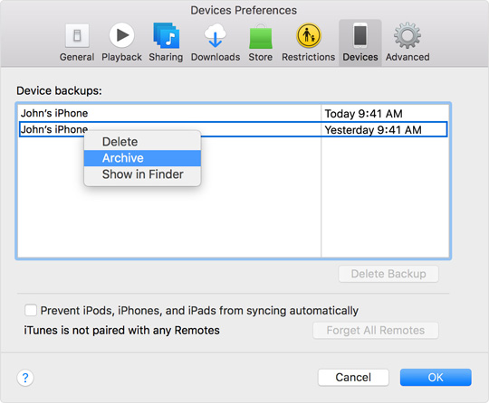Nhấp vào bản sao lưu vừa tạo và nhấn chọn Archive