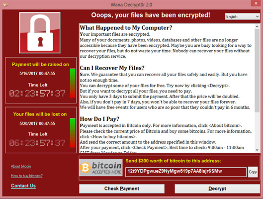 Giao diện đòi tiền chuộc của WannaCry