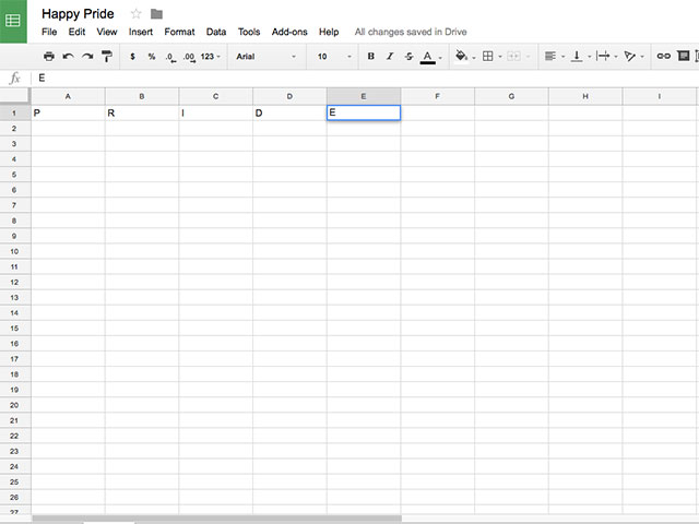 Lần lượt gõ các chữ cái của từ tự hào trên bảng tính 