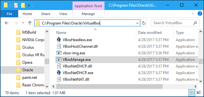 Tìm file VBoxManage.exe trong C:\Program Files\Oracle\VirtualBox