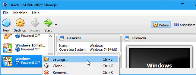 Nhấp chuột phải vào máy ảo Windows và nhấp chọn Settings