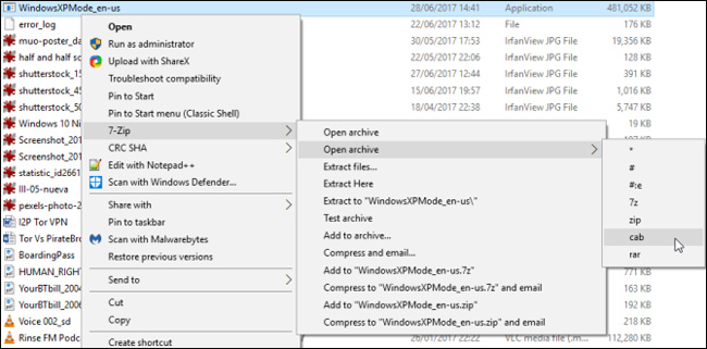 Nhấp chuột phải vào chọn 7-Zip > Open archive > cab từ menu