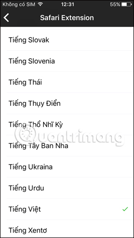 Nhấn chọn ngôn ngử sử dụng
