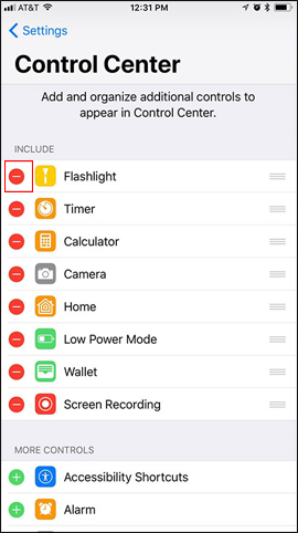 Xóa shortcut trên Control Center